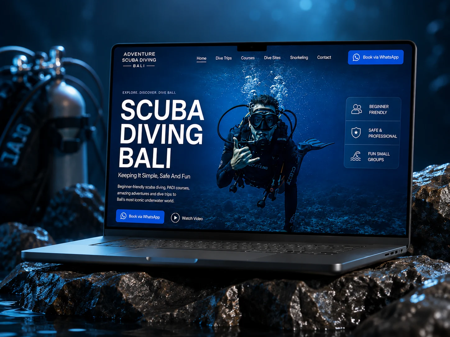 Adventure Scuba Diving Bali website mockup, underwater